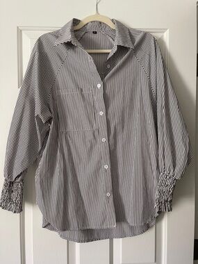 Gray and White Striped Button-Up Blouse